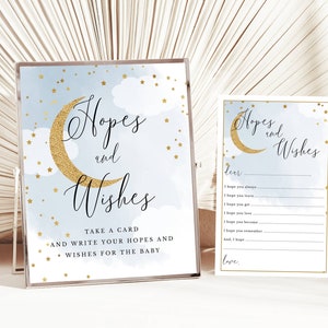 Tarjetas de deseos y esperanzas para baby shower en azul sobre la luna / Tarjetas de 8,5 x 5,5 / Letrero de 8 x 10 / Luna con purpurina dorada y acuarela azul / Descarga instantánea 703