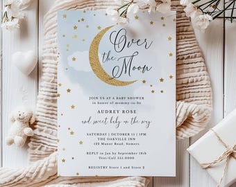 Over the Moon Blue Baby Shower Invitation Editable Template | Gold Glitter Moon and Stars | Edit Online, Digital Download  #703