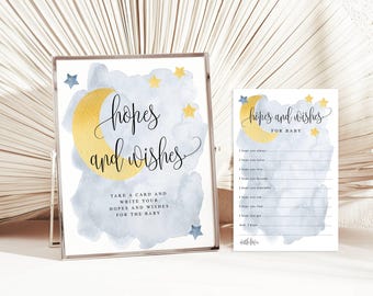 Blue Over the Moon Baby Hopes and Wishes Advice Cards and Display Sign, Blue Moon and Stars Theme, Instant Download, Printable File #721