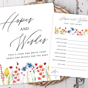 Wilde bloemen wensen en verwachtingen voor de baby, bord- en advieskaarten, modern schrift, invulstijl, afdrukbaar bestand, directe download 182