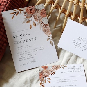 Wedding Invitation and Reply Card SET, Terracotta Fall Flowers, Autumn Rustic Floral, Editable Template 124