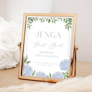 Libro de firmas de hortensias azules en Jenga, letreros para despedida de soltera, libro de firmas de boda, flores de hortensias azul polvorientas, descarga instantánea, archivo imprimible 428