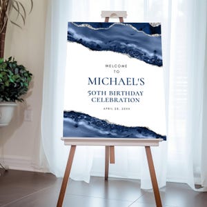 Blue and Silver Agate Editable Welcome Sign, ANY EVENT Wedding Birthday Mitzvah, 3 Sizes, Self-Edit, Instant Download, Corjl Template-151