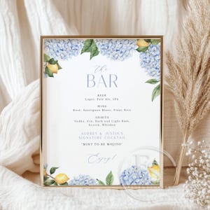 Blue Hydrangea and Lemon Bar Sign | 8x10" Editable Signature Drink and Bar Menu for Shower, Wedding, Party | Editable Template 433