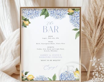 Blue Hydrangea and Lemon Bar Sign | 8x10" Editable Signature Drink and Bar Menu for Shower, Wedding, Party | Editable Template 433