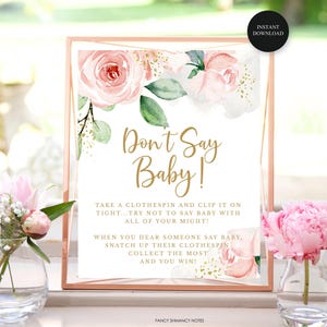 Don&#39;t Say Baby Shower Game Sign, Pink Watercolor Roses, Printable Shower Game, Instant Download,  #418
