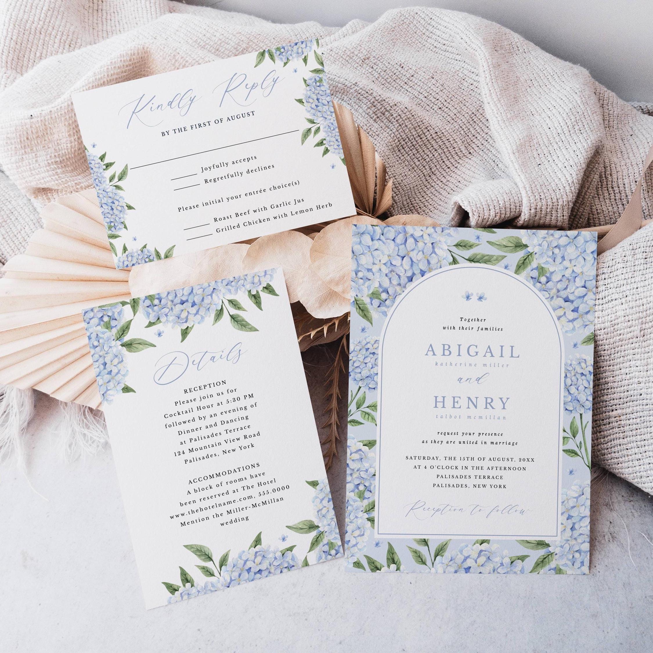 Blue Hydrangea Classic Wedding Invitation Template Set | Invitation, Detail and RSVP Card | Blue Floral Design | Editable Template 428