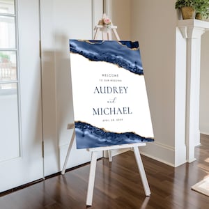 Blue and Gold Agate Editable Welcome Sign, Personalized Wedding Welcome Sign, 3 Sizes, Self-Edit Text, Instant Download, Corjl Template-137