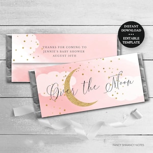 Baby Shower Party Favor, Editable Candy Bar Wrapper, Pink Over the Moon, Glitter Moon and Twinkle Stars, Instant Download, 703