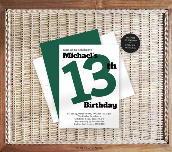 Editable 13th Birthday Invitation Template Green Grey Black, Any Age ...