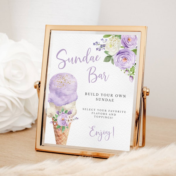 Ice Cream Sundae Bar Sign, Lavender Watercolor Floral and Ice Cream Cone, Purple Flowers, Instant Download, Printable Digital File #190