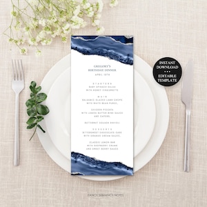 Editable Dinner Menu, Blue Agate Silver Accents, Edit Text for Wedding Shower Birthday, Instant Download, CORJL Template -151