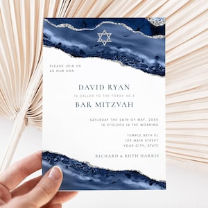 Bar Mitzvah All in One Editable Invitation | Blue Silver Agate Star of David Design | Double Sided 5x7 Invite | Editable Template 151 image 5