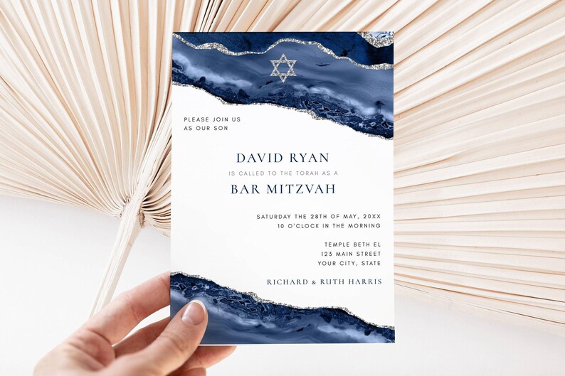 Bar Mitzvah All in One Editable Invitation | Blue Silver Agate Star of David Design | Double Sided 5x7 Invite | Editable Template 151 image 5