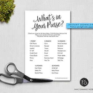 Printable Script Shower Game Card, What&#39;s in your purse, Fancy Script Shower Game, Instant Download