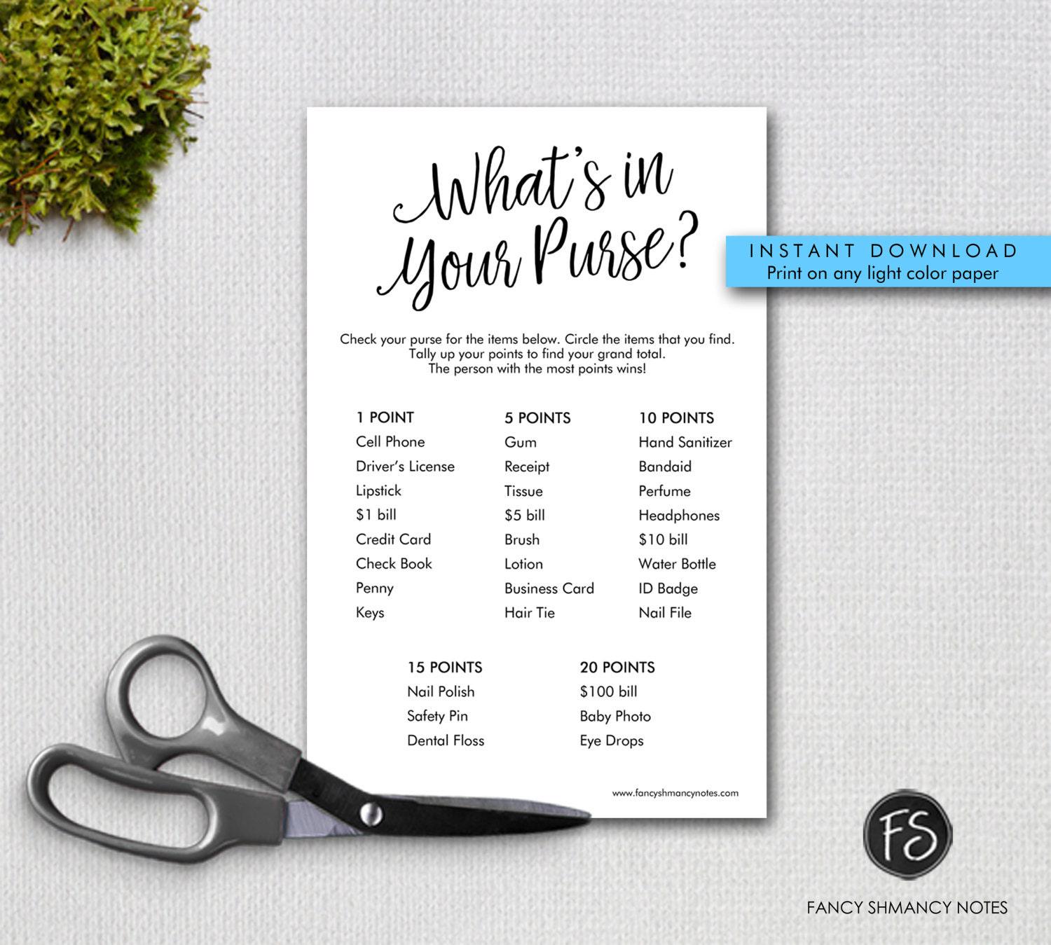 Printable Script Shower Game Card, What's in Your Purse, Fancy Script ...