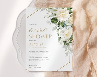 May include: Bridal shower invitation with gold geometric frame and floral accents. The invitation features the text "bridal shower" and details for Alyssa's shower, including date, time, and location.