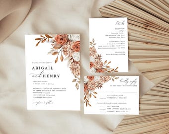 Fall Wedding Invitation Suite, Terracotta Flowers Rustic Autumn Floral, Printable Invite RSVP & Details, Corjl Editable Template 124