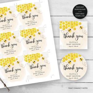 Cute Bee Honeycomb Editable Shower Favor Tags or Stickers 3 Sizes Circle or Square, Self-Edit Text Instant Download CORJL Template #033