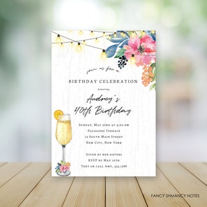 Garden Party Editable Birthday Invitation-Mimosa Cocktails Flowers String Lights, Print/Text, Instant Download, Corjl Template  6275