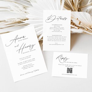 Faire-part de mariage minimaliste, réponse et carte détaillée modèle modifiable SET couleur personnalisée QR code option dos photo modèle modifiable Corjl 177