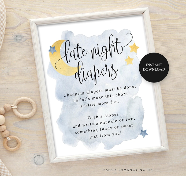 Blue Over the Moon Late Night Diapers Baby Shower Game | Blue Moon and Stars Theme | 8x10" | Instant Digital Download, Printable File #721 image 1