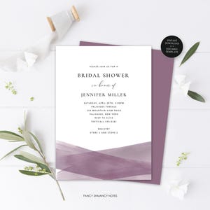 Modern Bridal Shower Editable Invitation, Lavender Purple Watercolor Brush Stroke, Instant Download, Print/Text, CORJL Template-227