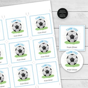 Soccer Ball Editable Favor Tags or Stickers Blue 3 sizes Circle Square Thank You Favor Tag, Edit Text, Instant Download, CORJL Template #014