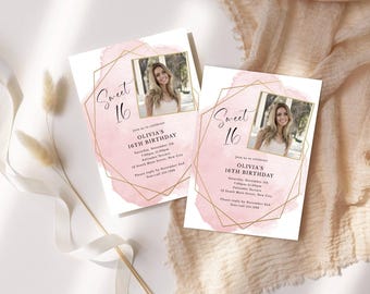May include: Two rectangular birthday invitation cards featuring a soft pink watercolour wash background, a gold geometric frame, and a square photo placeholder. The text reads Sweet 16, Olivia's 16th Birthday, with event details including date, time, location, and RSVP info.