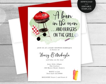 Baby Shower Editable Invitation, Bun in the Oven, Barbeque Grill Couples Baby Shower, Instant Download, Print or Text, CORJL Template-144