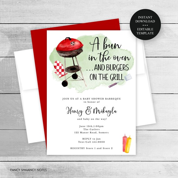 Barbeque Baby Shower Invitation, Bun in the Oven, Couples Shower, Editable Text, Instant Access, Print/Text Digital Invitation #144 Il_570xn
