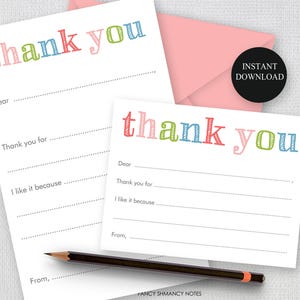 Tarjetas de agradecimiento imprimibles para completar, diseño de arcoíris, 2 tamaños, papelería para niñas, agradecimiento infantil, descarga instantánea, fácil de imprimir en casa.