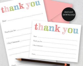 Printable Fill In Thank You Notes, Rainbow Sketch Print, 2 Sizes Girls Stationery, Children Thank You, Instant Download, Easy Print at Home