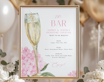 Pink Hydrangea 8x10" Editable Bar Menu, Gold Tilted Champagne Glass and Pink Flowers Design, Wedding, Party | Editable Template 427