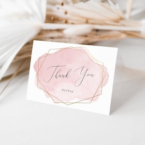 Modèle modifiable de carte de remerciement aquarelle rose | Papier plié personnalisé avec cadre doré, taille A2 | Édition en ligne, téléchargement numérique 010