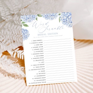 Juego de palabras para despedida de soltera con hortensias azules, flores de acuarela, juegos para despedida de soltera imprimibles, descarga digital instantánea 428