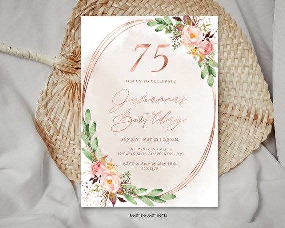 Birthday Invitation Template, Rose Gold Faux Foil and Flowers, 75th Birthday-Any Year Editable Text, Print/Text, Instant Download, #187 Il_570xn