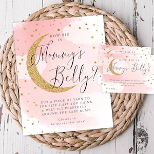 ¿Qué tan grande es el brillo rosa y dorado del vientre de mamá sobre la luna? Letreros y tarjetas del juego de baby shower, imprimir en casa Descarga instantánea-703