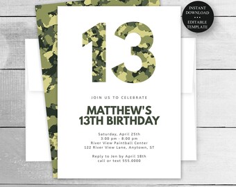 Groene Camo verjaardagsuitnodiging sjabloon, 4 x 6 en 5 x 7" maten, online bewerken voor ELKE LEEFTIJD, digitale download, bewerkbare sjabloon #080