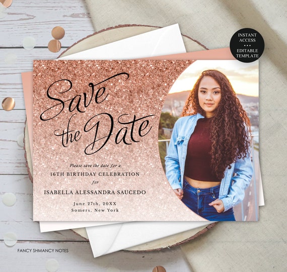 Rose Gold Glitter Save the Date Photo Announcement, Editable Text for Any Event, Print or Text, Instant Digital Download-1435 Il_570xn