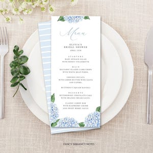 Blue Hydrangea Dinner Menu Template, 4x9 | Tall Party Menu with Watercolor Flower Border | Editable Corjl Template 428
