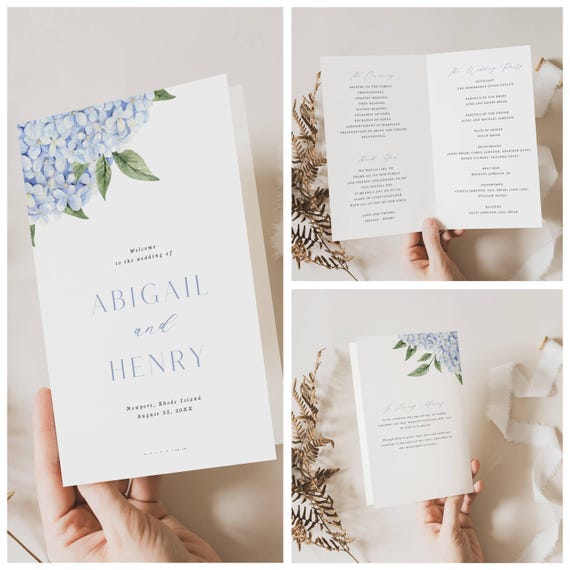 Wedding Program, Blue Hydrangea Blooms Folded Program, CORJL Editable Template #428