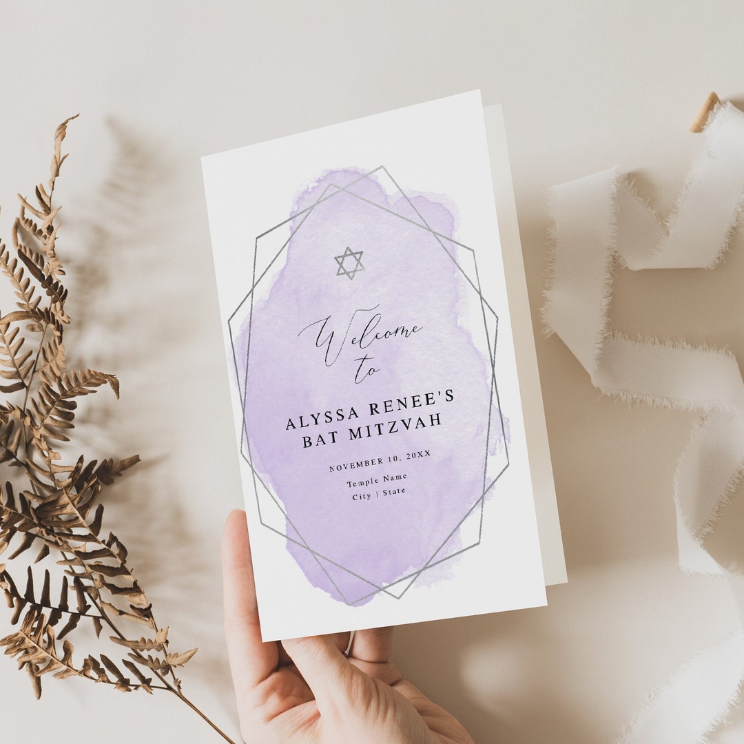 Editable Bat Mitzvah Program Booklet Purple Watercolor Silver Etsy