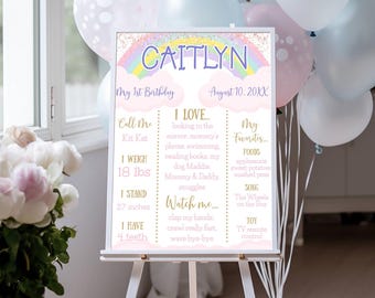 First Birthday Milestone Poster, Pastel Colored Rainbow, Pink Glitter, Self-Edit, Instant Download, CORJL Editable Template #004
