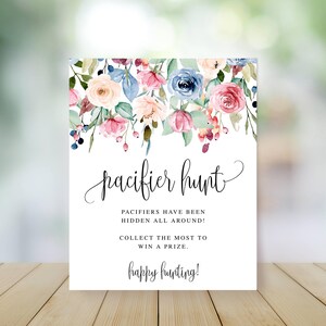 Baby Shower Pacifier Hunt Game Sign | Watercolor Floral Design | Printable Digital Download 159