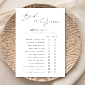 Bride or Groom Bridal Shower Game | Black & White Elegant Script, Minimalist Style |  5X7" Printable Cards | Instant Download 177