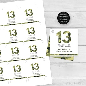Khaki Green Camo Editable Birthday Favor Tags or Stickers, ANY AGE, 3 Sizes, Self-Edit All Text, Instant Download, CORJL Template #080