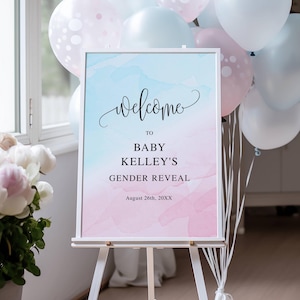 Baby Gender Reveal Editable Welcome Sign Pink and Blue Watercolor, 3 sizes, Self-Edit, Digital Download, Corjl Editable Template #1233