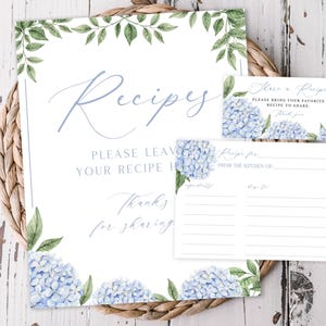 Tarjeta de recetas imprimible de 4 x 6 con hortensias azules, encabezado, inserto de invitación y letrero para exhibición de baby shower, descarga digital instantánea 428
