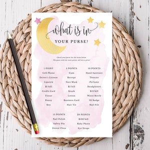 Roze over de maan babyshowerspel, wat zit er in je tas, thema roze maan en sterren, instant digitale download, afdrukbaar bestand #721